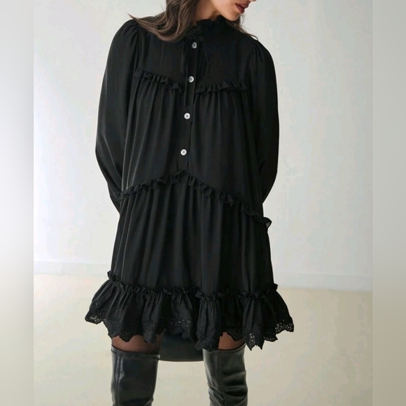 New Boho Eyelet Lace Trim Flowy Smock Dress Black - Picture 7 of 10
